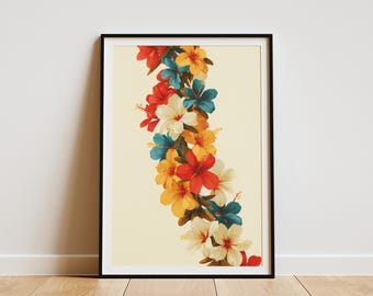 Hawaiian Hibiscus Flower Poster Print Tropical Floral Wall Art Colorful Lei Garland Art Print Hawaii Decor Island Style Art Print