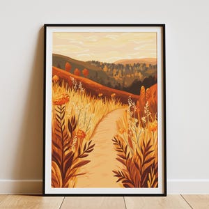 Cartaz de paisagem de outonoFolhagem de outonoImpressão de arte da naturezaCampo GoldenrodCaminhoTrilha para caminhadaAmareloLaranjaMarromPaisagem abstrataImpressão de arte moderna