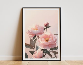 Pink Peonies Flower Poster Botanical Art Print Soft Pink Peony Bloom Floral Wall Art Home Decor Peony Painting Blush Pink Peonies Romantic