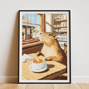 Impresión artística de cafetería capibara, acogedora cafetería, póster, arte de pared inspirado en Matisse, regalo para amantes de los animales, decoración caprichosa para el hogar, ilustración de capibara