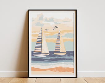 Sailboat Art Print Coastal Wall Decor Summer Beach Nautical Decor Ocean Print Boho Home Decor Summer Poster Minimalist Sailboat Illustration