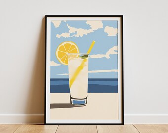 Lemonade Beach Poster Summer Drink Print Coastal Wall Art Ocean View Decor Summertime Vibes Modern Home Decor Yellow and Blue