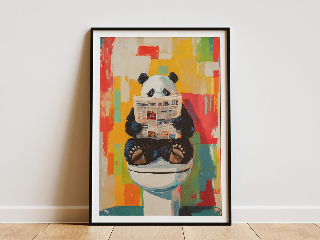 Panda on Toilet Reading Newspaper Painting Bathroom Art Print Funny ...