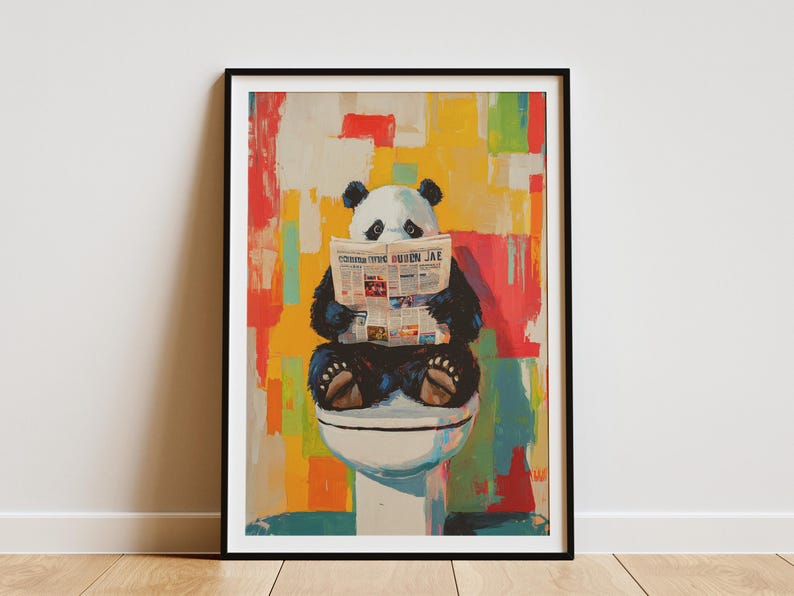 Panda on Toilet Reading Newspaper Painting Bathroom Art Print Funny ...