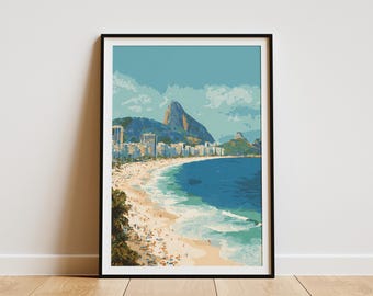 Copacabana Beach Brazil Rio de Janeiro Travel Poster Vintage Style Tropical Summer Digital Art Print Wall Decor Ocean Coastline Sugarloaf