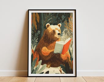 Whimsical Bear Reading Book in Forest Art Print for Nursery Decor or Cozy Home Literary Animal Wall Art Illustration Gift Idea