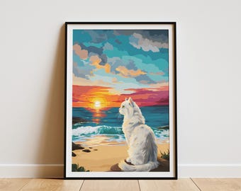 Majestic Siberian Cat Beach Sunset Art Print Hawaii Coastal Ocean View Feline Wall Decor Modern Home Art Poster
