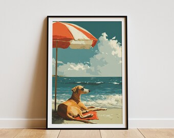 May include: Framed art print of a dog relaxing on a beach. The dog is lying on a red towel under a red and white striped umbrella. The ocean and sky are visible in the background. The artwork is in a vintage style.