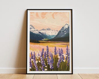 Lavender Field Mountain Poster Purple Flowers Landscape Art Print Wildflowers Meadow Wall Decor Nature Scene Botanical Illustration Calm