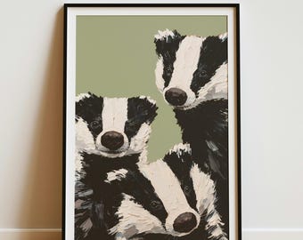 Digitale / Tre tassi con facce curiose, dipinto di animali selvatici, stampa artistica del bosco