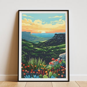 Texas Hill Country Sonnenuntergang Landschaft Poster Druck Vintage Reise Kunst Texas Natur Hill Country Wanddekor Botanisches Kunstdruck Geschenk für Texas