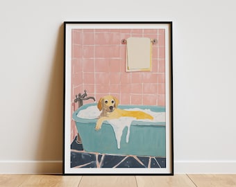Dog in a Bathtub Painting Modern Art Print Cute Puppy in Bathroom Poster Funny Pet Animal Wall Decor Whimsical Dog Bathtime