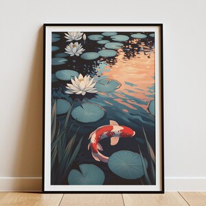 Impresión de arte de pared con estanque de koi, póster de peces japoneses, nenúfares y peces koi, decoración artística asiática, impresión serena de nenúfar, decoración zen moderna, estanque tranquilo
