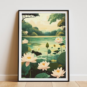Water Lily Lake Poster Peaceful Nature Art Print Botanical Illustration Floral Wall Decor Modern Home Decor Lily Pad Lake Scene Summer