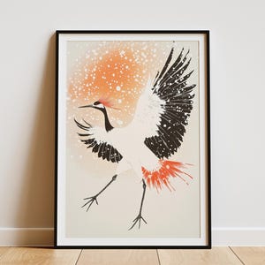 Impresión artística japonesa de grulla de corona roja bailando en la nieve, póster de pájaro asiático, pintura tradicional de grulla, arte de pared natural, decoración elegante para el hogar