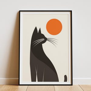 Minimalist Cat Poster Black and Orange Abstract Animal Art Print Modern  Wall Decor