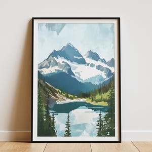 Póster del Parque Nacional de las Cascadas del Norte, impresión de viaje vintage, arte mural sencillo de lago de montaña, decoración del estado de Washington, noroeste del Pacífico PNW