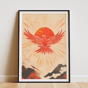 Phoenix Sunrise Poster Mythical Bird Art Print Orange Red Aesthetic Wall Decor Fantasy Creature Celestial Sun Spiritual Gift  Paper Print