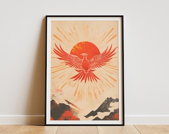 Phoenix Sunrise Poster Mythical Bird Art Print Orange Red Aesthetic Wall Decor Fantasy Creature Celestial Sun Spiritual Gift  Paper Print