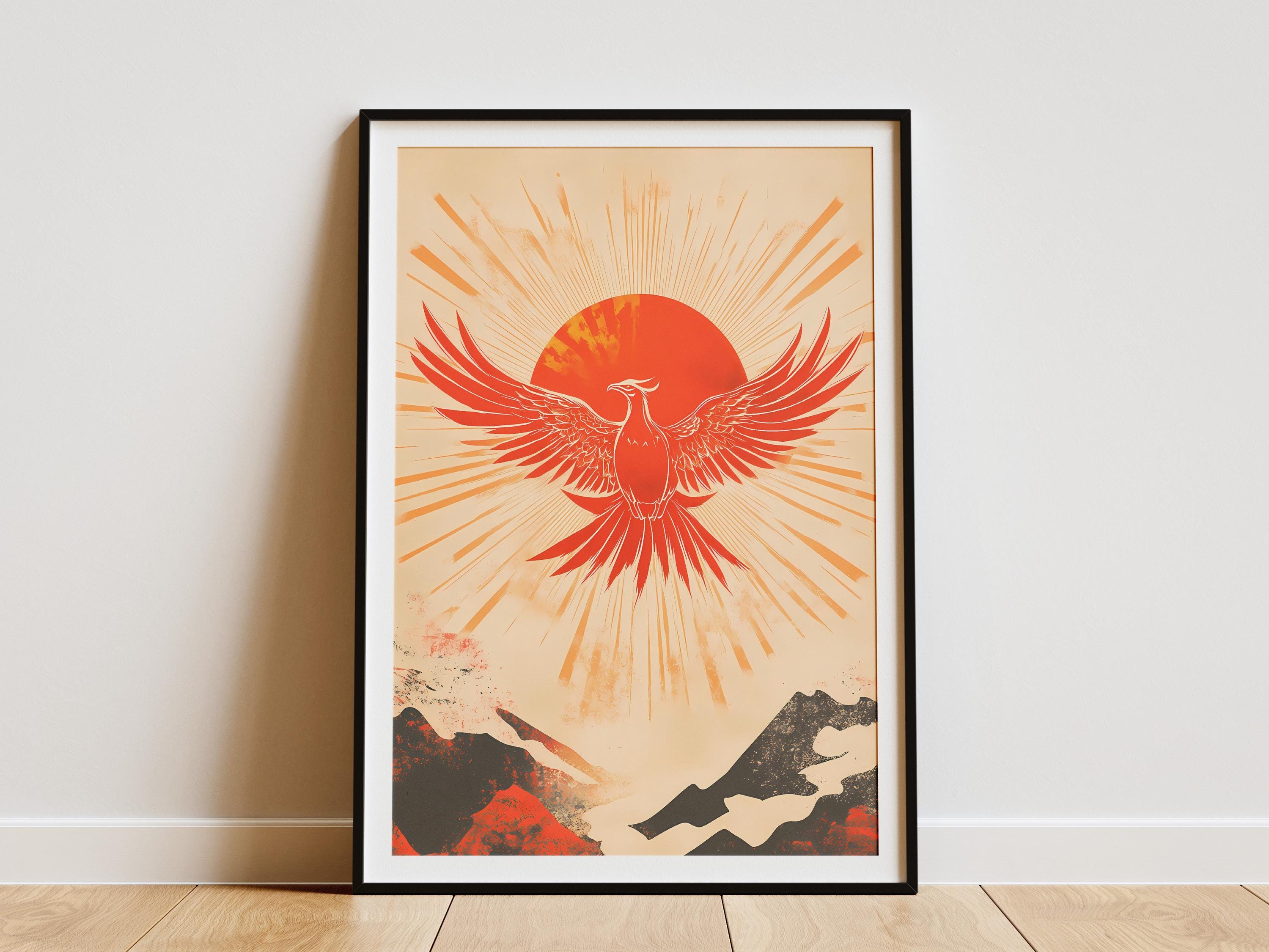 Phoenix Sunrise Poster Mythical Bird Art Print Orange Red