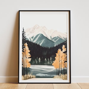 Bergsee Poster Abstrakte Landschaft Poster Moderne Bergkunst Nebligen See Natur Wanddekor Herbstlandschaft Minimalistische Kunst Wohnkultur