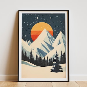 Snowy Mountain Landscape Vintage Travel Poster Print Geometric Mid Century Modern Winter Nature Art Home Decor Wall Art Christmas Gift