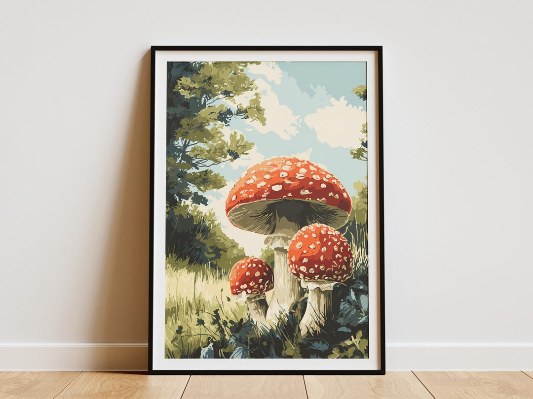 Red Mushroom Forest Blockprint Art Print Woodland Fungi Nature Lover ...