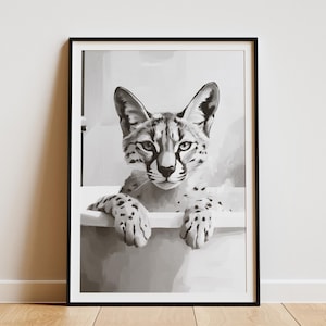 Serval kat bad poster bubbelbad muur kunst minimalistische dierenprint moderne badkamer decor gevlekte katachtige Fine Art Print kattenliefhebber cadeau