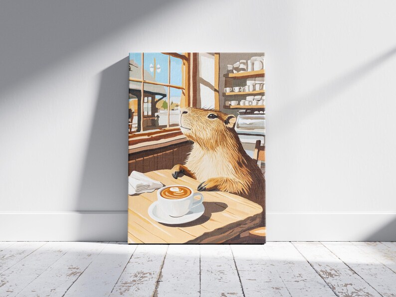 Stampa artistica del Capybara Cafe, poster accogliente da caffetteria, arte da parete ispirata a Matisse, regalo per amanti degli animali, decorazione stravagante per la casa, illustrazione del capibara immagine 5