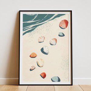 Impresión de arte minimalista de playa de conchas marinas, decoración de pared costera, póster de océano de verano, obra de arte de costa arenosa, decoración de playa bohemia, impresión de costa de verano