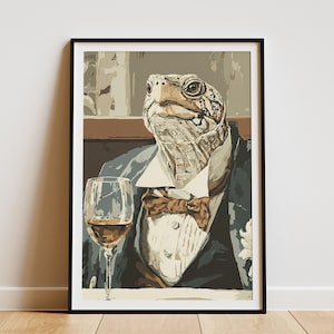 May include: A framed art print featuring a turtle in a suit, holding a wine glass. The turtle is depicted in a formal suit with a bow tie. The artwork has a vintage, illustrative style with muted colors.