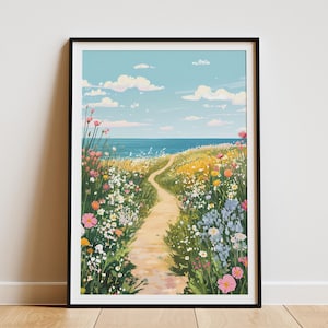 Póster de playa de verano con sendero de flores silvestres costeras, impresión artística de pradera con flores oceánicas, decoración de pared natural, decoración del hogar estilo boho chic, cottagecore costero