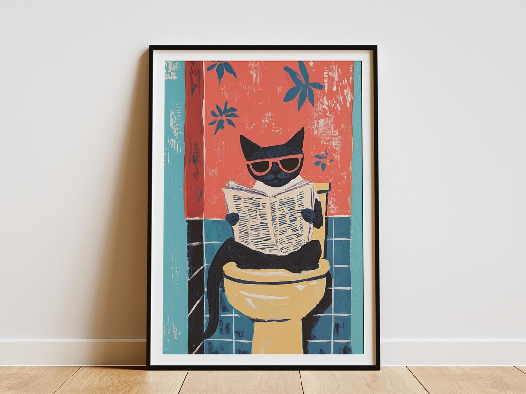Siamese Cat on Toilet Reading Newspaper Funny Bathroom Wall Art Print ...