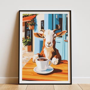 Póster de café de cabra bebé, impresión de amante del café, impresión artística de animales infantiles, decoración de granja, póster de animales lindos, arte de cafetería, impresión artística