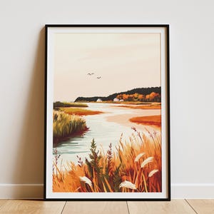 Herbst Wiese Fluss Landschaft Poster Ruhe Fluss Kunstdruck Herbst Natur Szene Orange Gras Wiese Wand Dekoration Moderne Wohnkultur Botanische