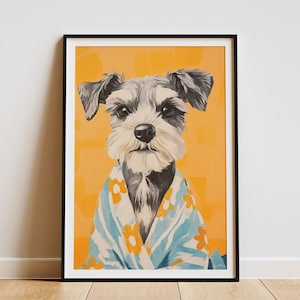 Miniature Schnauzer Puppy in Bathrobe Art Print Whimsical Dog Portrait Poster Cute Animal Wall Decor Dog Lover Gift Pet Home Decor