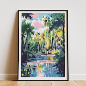 Everglades de Floride, affiche de voyage, affiche de voyage, art mural de vacances, impression de paysage abstrait, art de palmier, décoration tropicale, parc national des Everglades