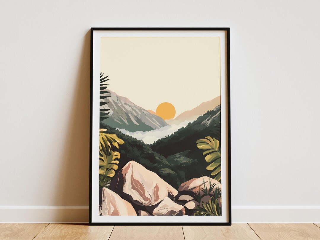 Golden Sunrise Mountain Valley Landscape Art Print Misty Forest ...