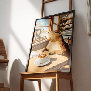 Stampa artistica del Capybara Cafe, poster accogliente da caffetteria, arte da parete ispirata a Matisse, regalo per amanti degli animali, decorazione stravagante per la casa, illustrazione del capibara immagine 6