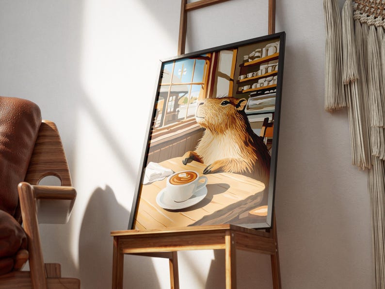 Stampa artistica del Capybara Cafe, poster accogliente da caffetteria, arte da parete ispirata a Matisse, regalo per amanti degli animali, decorazione stravagante per la casa, illustrazione del capibara immagine 6