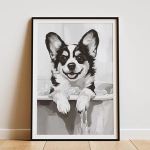 Corgi Dog in Bathtub Art Print Bubble Bath Poster Minimalist Animal Wall Art Corgi Lover Gift Bathroom Decor Cute Dog Art Print