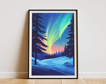 Vibrant Northern Lights Poster Print Winter Snow Landscape Wall Art Aurora Borealis Pine Forest Night Sky Decor