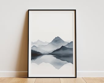 Minimalist Mountain Range Art Print Japanese Inspired Landscape Poster Simple Mountain Reflection Wall Art Japandi Decor Watercolor