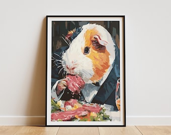 Humorous Guinea Pig Art Print Funny Animal Poster Gentleman Guinea Pig Eating Steak Dinner Wall Art Unique Pet Portrait Gift Idea