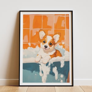 Corgi Puppy Art Print Bathroom Wall Decor Foamy Bathtub Poster Cute Dog Artwork  Pet Portrait Corgi Lover Gift Puppy in Tub Art