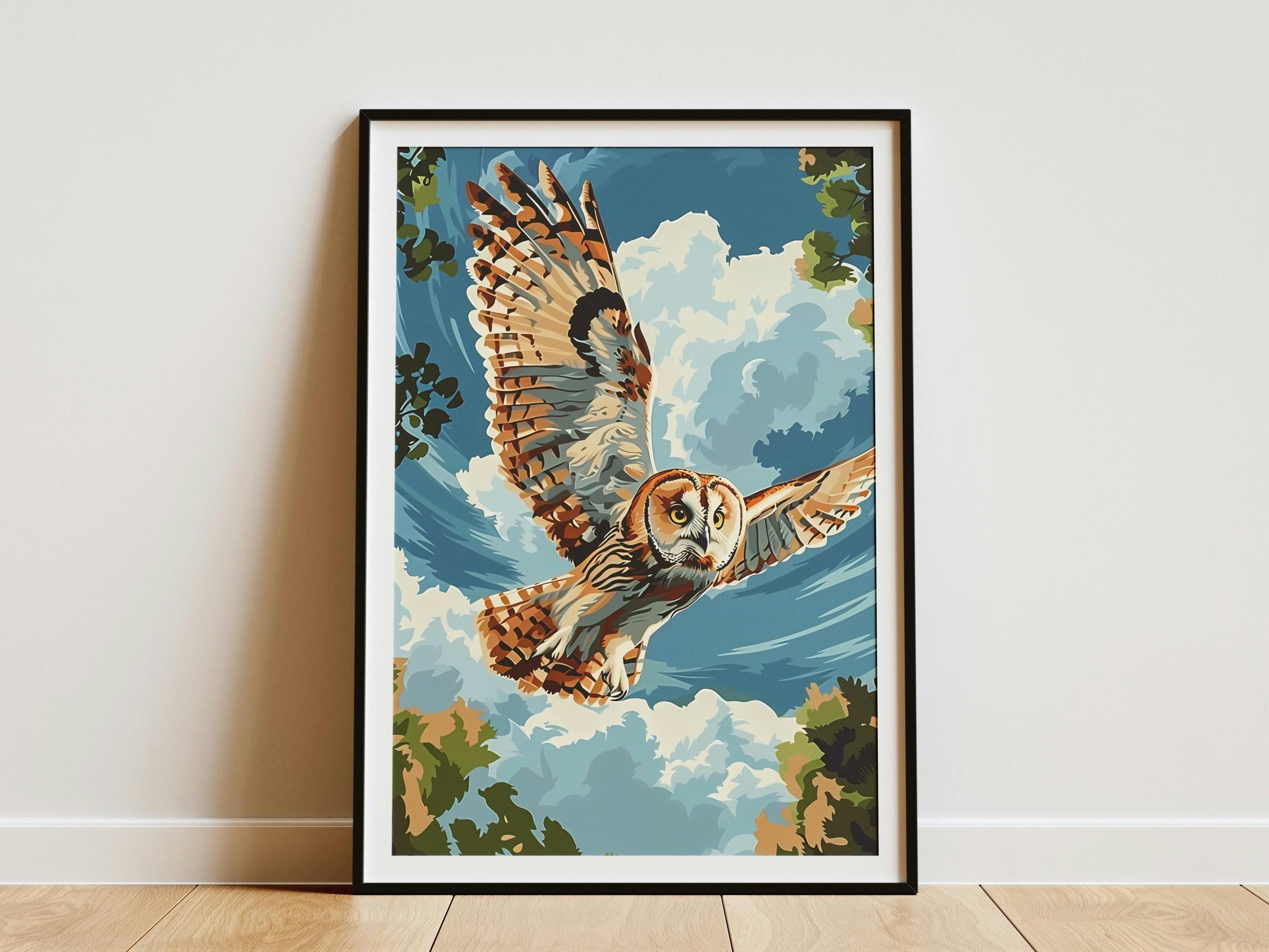 Barn Owl in Flight Poster Vintage Travel Style Art Print Woodland Nature Decor