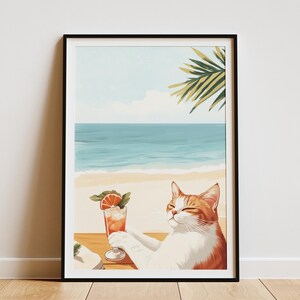 Póster de gato de playa de verano, impresión artística de gato atigrado naranja, impresión de cóctel de gatito lindo, decoración de pared costera, vibraciones de playa de gato naranja y blanco, verano