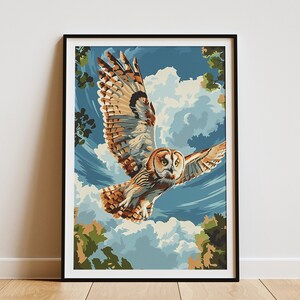Póster de búho volando, póster de viaje vintage, arte de la naturaleza, póster de aves, impresión de arte de vida silvestre