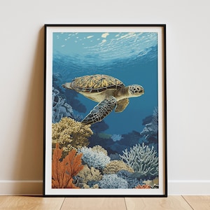 Vibrant Sea Turtle Coral Reef Ocean Travel Poster Print Underwater Marine Life Wall Art for Beach House Decor Coastal Nature Artwork