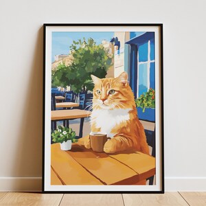 Impresión artística de gato Munchkin, póster acogedor de cafetería, regalo para amantes del café, ilustración estilo Matisse, decoración de pared caprichosa, obra de arte de gato lindo, póster de decoración del hogar